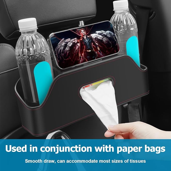 Zipelo Car Headrest Backseat Organizer with Cup Holder, Multi-Functional Vehicle Seat Back Hanging Storage Box with Hooks, Auto Drink Snack Phone Tray Travel Accessories for Kids Adults (Brown)