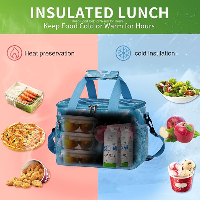 iknoe Insulated Lunch Bag, Foldable 8.5L Cooler Bag for Men & Women, Leakproof Thermal Design, Great for Office, Picnic, Travel, Lunch Box,Blue White