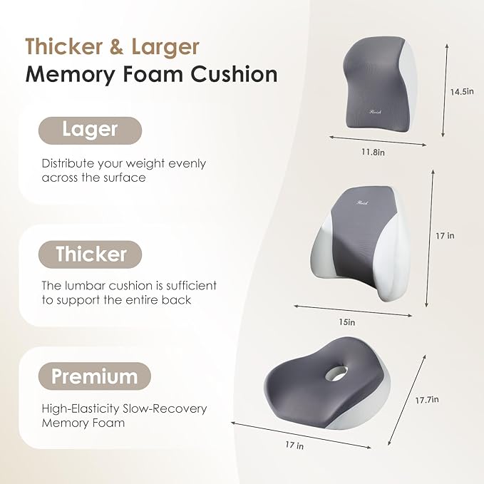 FLORICH Car Seat Cushion & Lumbar Support Pillow & Car Neck Pillow Ergonomic and 100% Memory Foam, Upgraded Larger and Breathable Car Seat Cushion & Back Support Pillow - Gray