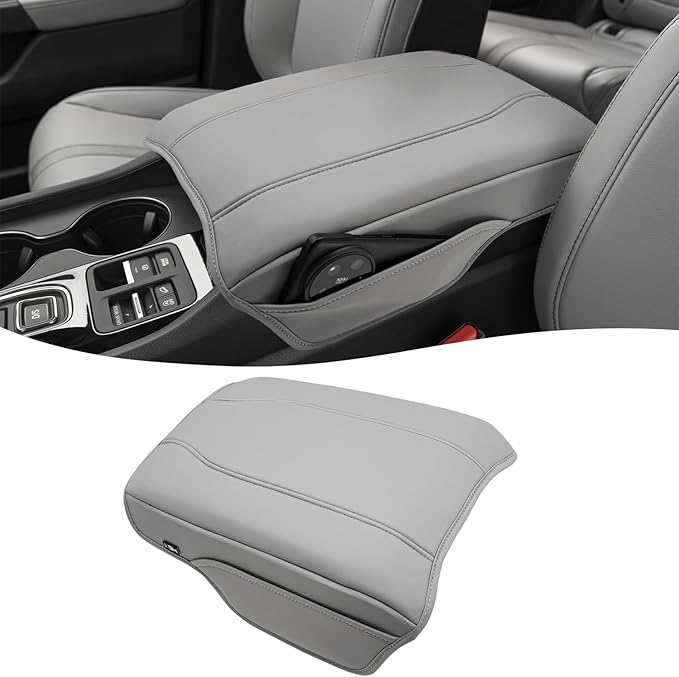 KBH Center Console Armrest Cover for Honda Pilot 2023-2026, Ridgeline 2024 2025, Passport 2024-2026, Middle Console Lid Protector, Vinyl Leather Trim with Side Pockets, Anti-Scratch, Gray