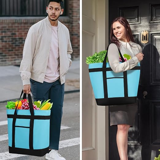 CIVJET Insulated Reusable Tote Bag for Grocery Shopping for Women/Men, Pizza/Food Delivery Bag to Keep Food Cold/Hot for Commercial Food Transport, Cooler bags for Travel/Beach/Picnic, Blue