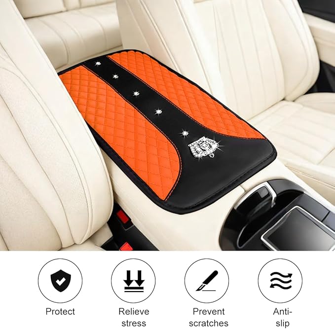 Bling Car Center Console Cover, Crown Crystal Rhinestones Vehicle Armrest Mat Protector, Anti Slip Sparkling Automotive Arm Rest Seat Box Cushion Pad Decor Accessories, Universal Fit (Orange)
