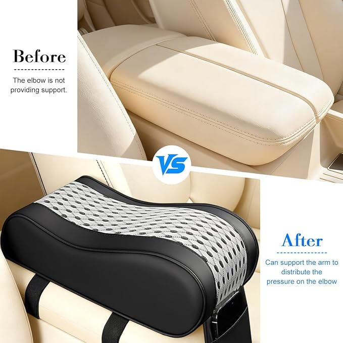 Car Armrest Cushion, Soft Memory Foam Leather Vehicle Armrest Pillow with Storage Bag, Multifunctional Automotive Interior Center Console Arm Rest Pad, Universal for Most Vehicles (Light Gray)