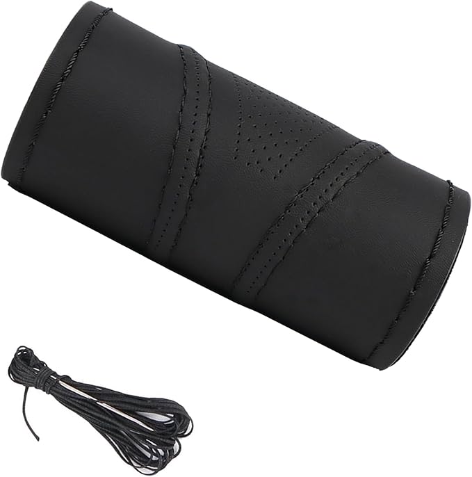 O SHI CAR 15 Inch 3D Universal Artificial Leather Steering Wheel Cover Stitch On Wrap with Needle & Thread Non-Slip Black