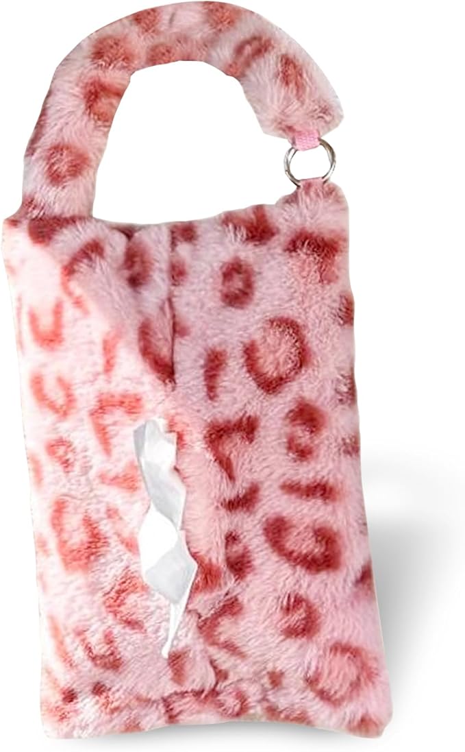 Leopard Print Car Tissue Bag, Cute Plush Hanging Tissue Holder, Multi-Functional Car Backseat Hanging Storage Bag, Universal for Small-Size Tissues (Pink)