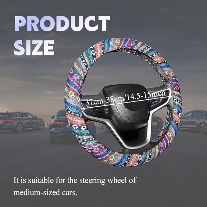Boho Steering Wheel Cover, Steering Wheel Cover Women, 15 inch Hippie Style Protector Covers, Universal Ethnic Flax Cloth Car Accessories Universal for SUV Van Truck (Hippie-A)