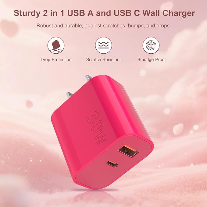 Aolcev for iPhone Charger Fast Charging 2 in 1 USB A USB C Charger Block 30W Cute Type C Fast Charging Blocks for iPhone 17 16 15 14 13 for iPad USB C Charging Adapter for Galaxy S26 S25 S24 Rose Pink