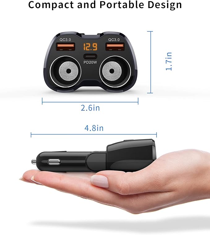 [2026 Upgraded] Cigarette Lighter Splitter, SUPERONE 180W 2-Socket Cigarette Lighter Adapter with Dual QC3.0 and 20W PD USB C Car Charger Splitter for GPS/Dash Cam/Laptop/iPad/iPhone 17/16/15/14/13/12