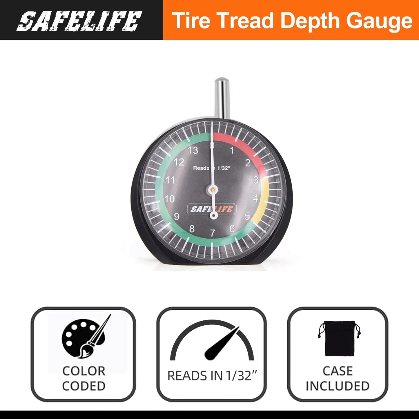 SAFELIFE Tire Tread Depth Gauge, 10 Pack Dial Type Tire Tread Depth Gauge Professional for Motorcycle, Car,Truck and Bus,Easy Reading Tyre Tread Depth Gauge in 32nds