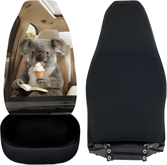 Koala Front Car Seat Cover Nonslip Funny Auto Interior Accessories 2 Pcs Set Stretch Polyester Fabric Cover All-Season Protection Suitable for Most Cars,SUV,Sedan