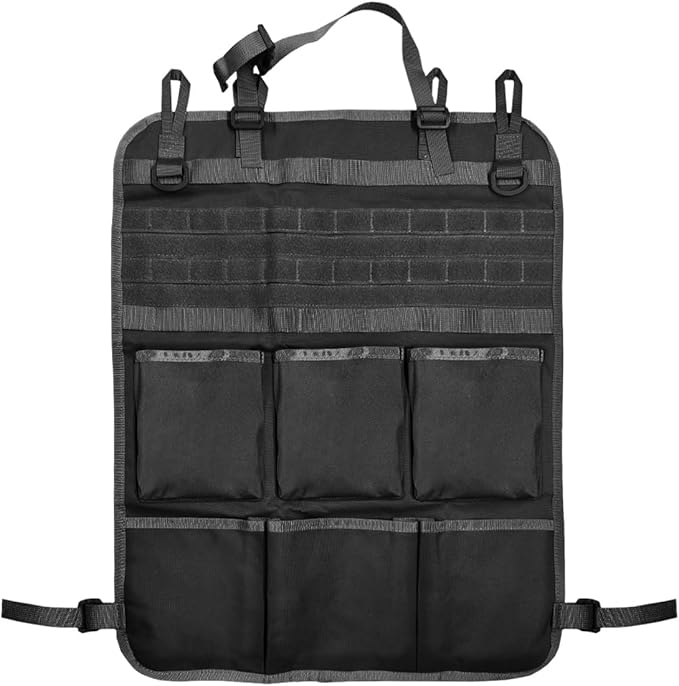 Tactical Molle Panel Car Seat Back Organizer, Waterproof Car Front Seat Protector with Multiple Pockets, Universal Kick Mat for Kids/Pets, Vehicle Backseat Storage Bag for Most Cars (Black)