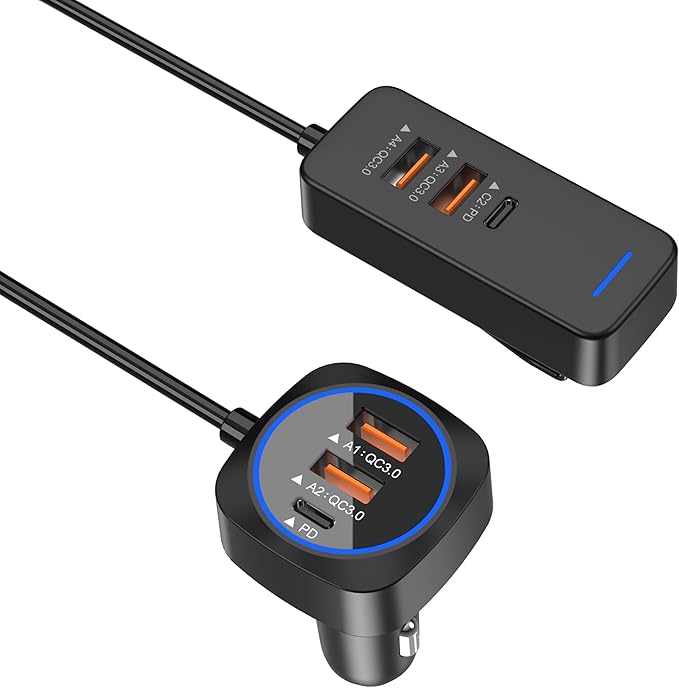 Car USB Charger Multi Port with 5.9FT Extension, QC3.0 76W Fast Charging Cigarette Lighter USB C Charger Adapter Multiple Ports for Mobile Phones and ipad