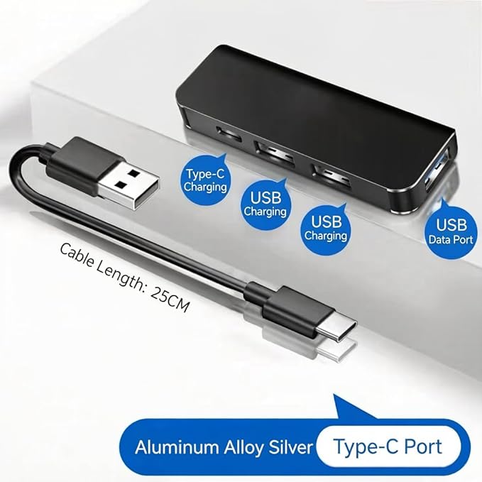 Car Accessories 4-in-1 Car USB Hub Equipped with a Data Interface and Multiple Type-C/USB-A Fast Charging interfaces，USB Hub for iPhone,iPad,Samsung Galaxy,USB Flash Drive，Android（Black）