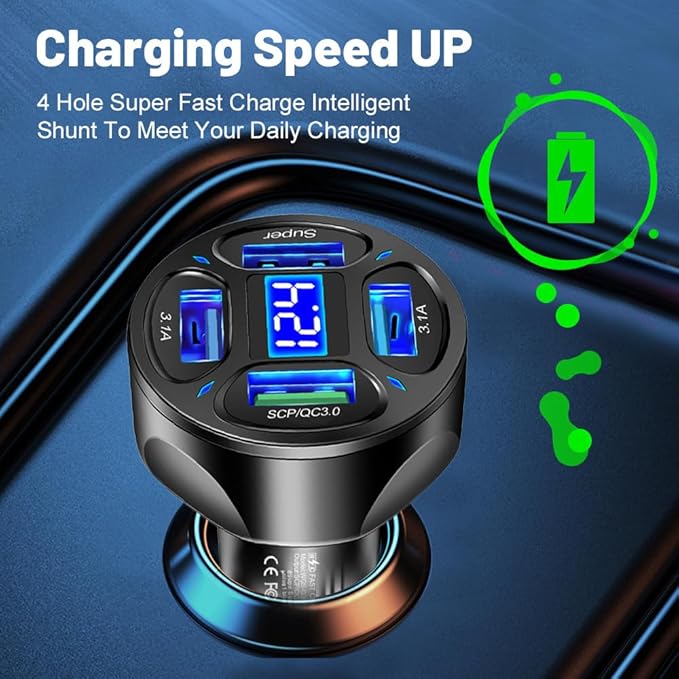 Car Charger,4 Ports Fast Car Charger with Plug Outlet/LED Voltmeter/QC3.0/Super Port,Universal Car Accessories Cigarette Lighter USB Charger Compatible with Android,Samsung Galaxy(QC3.0/Super)
