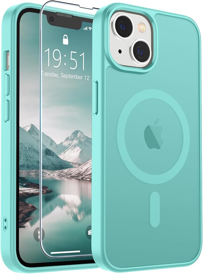SUPFINE Magnetic for iPhone 14 Case & iPhone 13 Case (Compatible with MagSafe)(Military Grade Drop Protection) Slim Translucent Matte Shockproof Phone Cover,Blue Green
