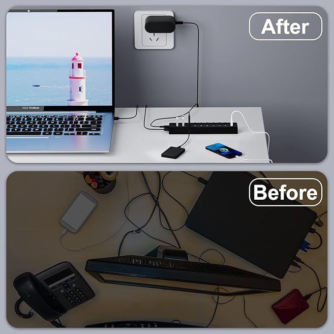 ONFINIO Powered USB Hub 3.0, 10-Port USB Splitter Hub with Individual On/Off Switches and 12V/2A Power Adapter USB Extension
