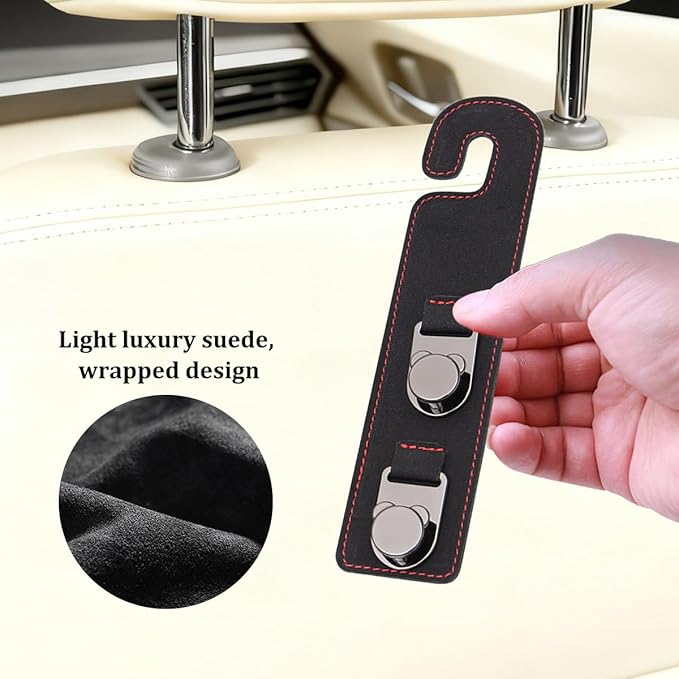 HZEL 2PCS Car Seat Headrest Hooks, Dual Hook Suede Vehicle Backseat Storage Holder for Purse Handbag Coat, Multifunctional Auto Seat Back Grocery Hanger Organizer, Universal for Vehicles (Black)