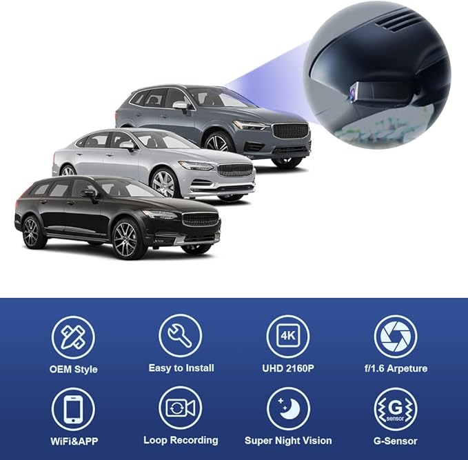 Fitcamx 4K Dash Cam Suitable for Volvo S90 V90 2017-2021 & XC60 2018-2021 T5 T6 (Model A), OEM Factory Look, 2160P UHD Video, Built-in WiFi &APP, Loop Recording, Gravity Sensor, Plug&Play, 64GB Card