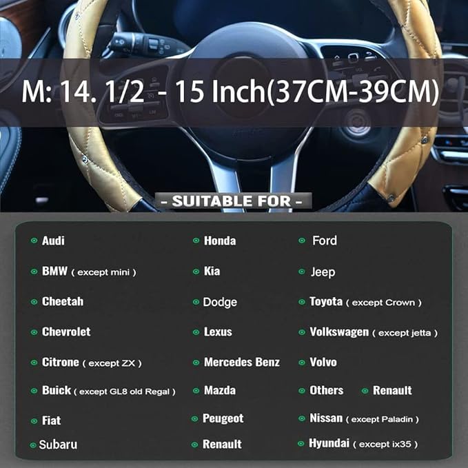 Xizopucy Black Gold Leather Bling Steering Wheel Cover, Anti-Slip Steering Wheel Protector with Crystal Rhinestones, Bling Steering Wheel Cover for Women and Girl Fit 14.5-15 inch