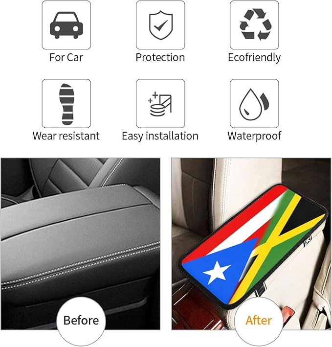 Puerto Rico Jamaica Jamaican Flag Auto Center Console Armrest Cover Car Handrail Box Cushion Pad Mat Universal Fit Most Vehicle Sedan Truck SUV Soft Comfort Decor Accessories