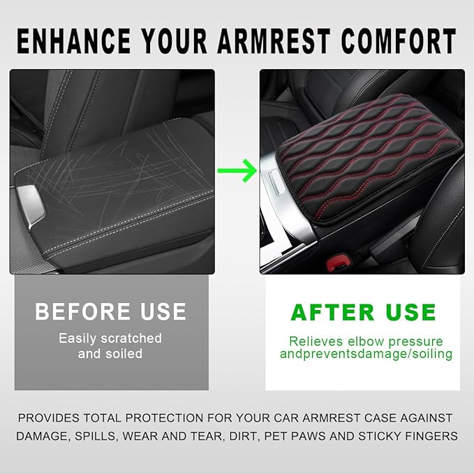 Car Center Console Cushion Pad, 12.48×7.40 Inches Waterproof Car Armrest Seat Box Cover, Comfortable PU Leather Vehicle Armrest Cover Protector, Car Decor Interior Accessories (Black＋Red)