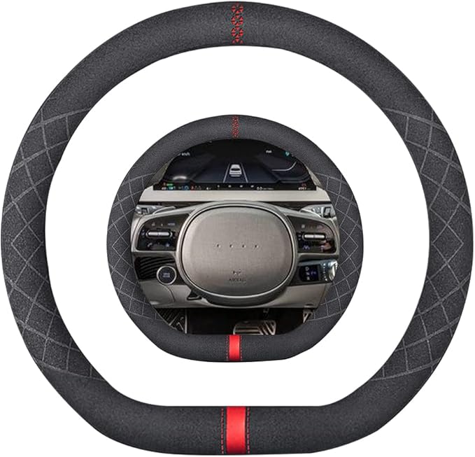 Suede D Shape Steering Wheel Cover,Compatible with Hyundai Ioniq 5 Suede Leather Sport Non-Slip Wheel Cover Car Interior Accessories 15 inch for Man and Women