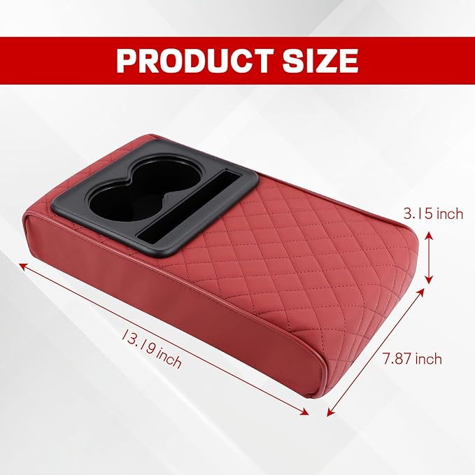 Car Center Console Armrest Pillow, 13.19"×7.87" Leather Car Arm Rest Cover, Memory Foam Auto Armrest Cushion with Cup Holder Phone Slot, Universal Vehicle Middle Console Cushion Pad (Wine Red)