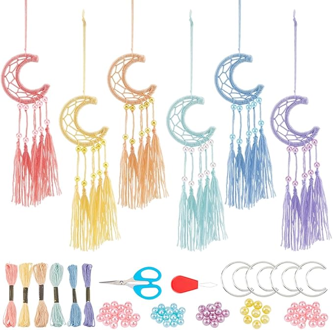 INFUNLY 6 Set Small Moon DIY Dream Catcher Kit - Handmade Dream Catcher Keychain for Bag, Pendant, Car Mirror Hanger, Backpack Charm