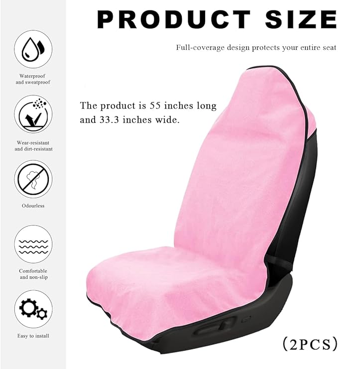 2PCS Car Towel Seat Cover, Waterproof Sweating Non-Slip Premium Soft Towel Carseat Protector, Universal Machine Washable Car Truck SUV Front Seat Cover for Gym Workout Beach Hiking (Pink)