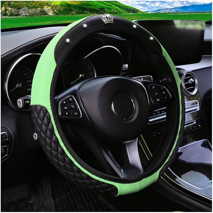 Bling Car Steering Wheel Cover, Diamond Leather Crystal Rhinestones Vehicles Steering Wheel Protector, Sparkling Anti-Slip Automotive Interior Decoration Accessories, Universal Fit (Green)