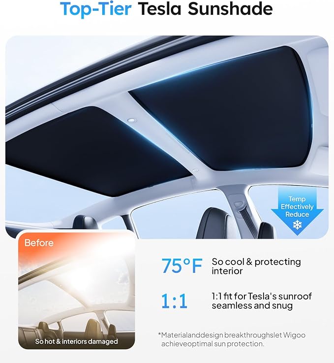 Wigoo 2026 Tesla Model 3 Sunshade Roof [Never Sag, Nano Ice-Crystal Coatings] Heat Reflective Glass Roof Sun Shade, Accessories for Tesla Model 3 2020~2026, Tesla Interior Black