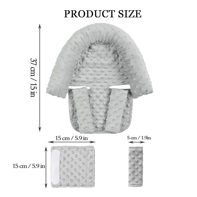 Baby Carseat Headrest and Strap Covers,Baby Carseat Head Support & Carseat Neck Cover,Infant Head Support Pillow, Toddler Headrest Pad for Carseat Strollers Carrier,Grey