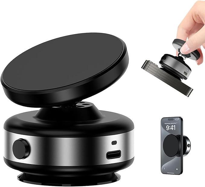 Hands-Free Vacuum Suction Cup Phone Mount, Auto-Seal & One-Touch Release Magnetic Phone Holder, 360 Adjustable for Car, Screen, Glass & Smooth Surfaces, for iPhone 12-17