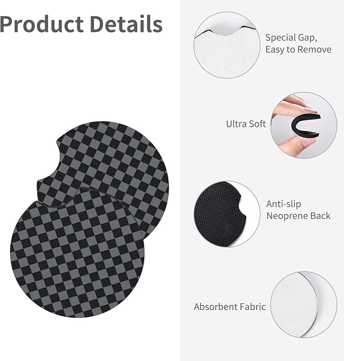 Checkered Steering Wheel Cover Gray - Checkered Black Gray Steering Wheel Cover Anti-Slip Breathable Universal 15 Inch Car with 2 Pcs Car Coasters Suitable Men Women