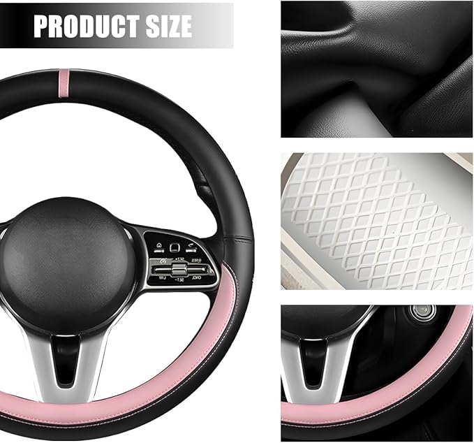 Car Steering Wheel Cover, 15 Inch Leather Anti-Slip Breathable Vehicle Steering Wheel Protector, Automotive Interior Protection Accessories, Universal for SUV Sedan Truck (Black/Pink)