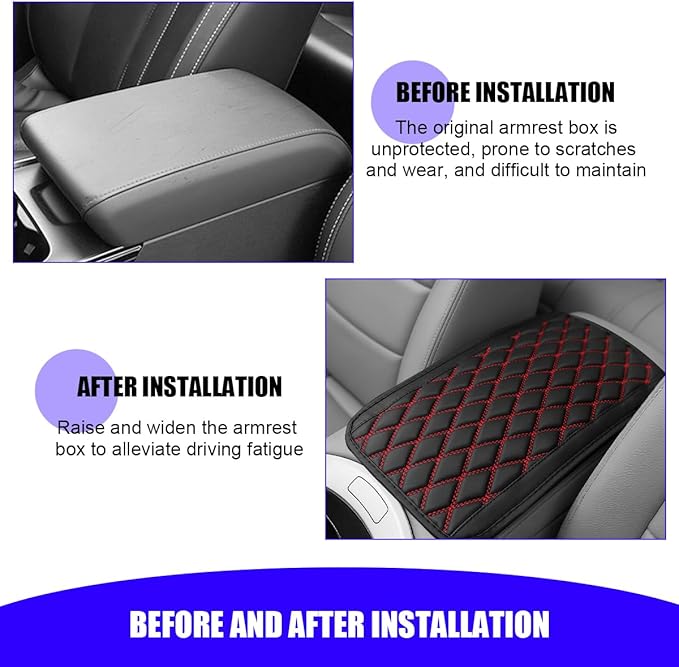 Car Center Console Cover, Scratch-Resistant Leather Vehicle Armrest Seat Storage Box Protector Cushion, Comfortable Automotive Interior Armrest Pad Mat, Universal Fit (Black/Red)