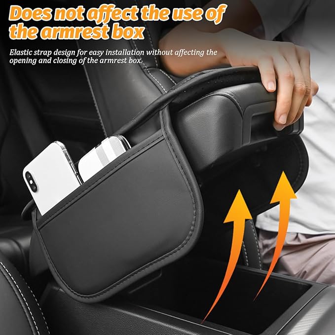Car Center Console Cover, Leather Vehicle Armrest Box Pad with 2 Storage Bags, Automotive Interior Arm Rest Cushion Protector Accessories, Universal for SUV Sedan Truck (Gray)