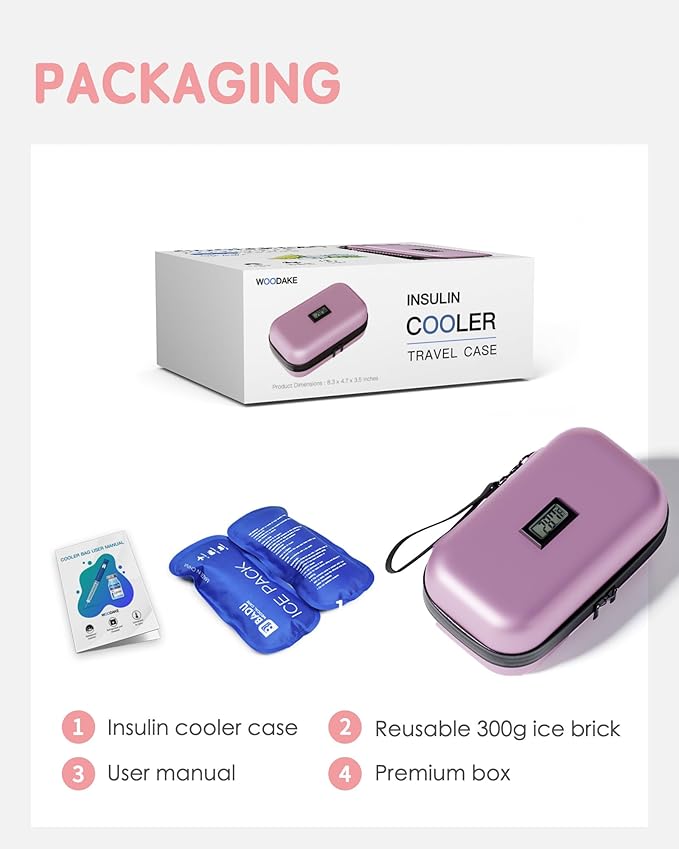 Insulin Cooler Travel Case with Temp Display, 2 x 180g TSA Approved Ice Packs, 9-Layer Insulation for Improved Cooling, Insulin Pen Case, Waterproof, for Daily Use and Trips (Pink)