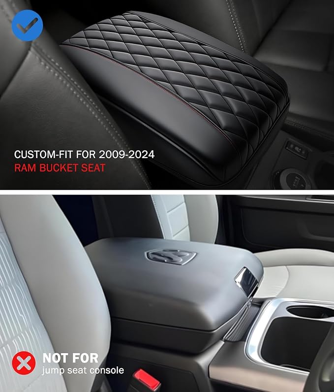 Center Console Cover for 2019-2025 2026 Dodge Ram 1500/2500/3500 Accessories, Leather Middle Armrest Console Cover Elbow Arm Rest Cushion for Car Anti-Scratch(Bucket Seat Console Only)
