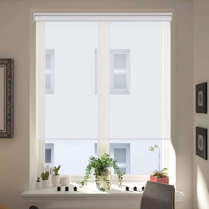 LUCKUP Light Filtering Roller Shades for Windows, Cordless Semi Sheer Solar Blinds with 5% Openness Free-Stop Window Shades for Home & Office, White 30" W x 72" L