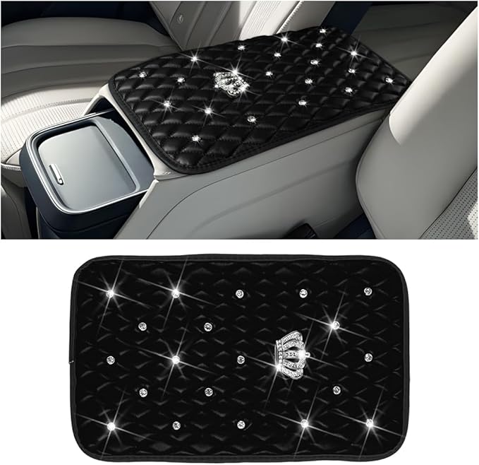 Mandark Bling Car Center Console Cover, Rhinestones Crown Vehicle Armrest Seat Box Mat Pad, Diamond Automotive Interior Arm Rest Cushion Protector Decor Accessories, Universal Fit(Black)