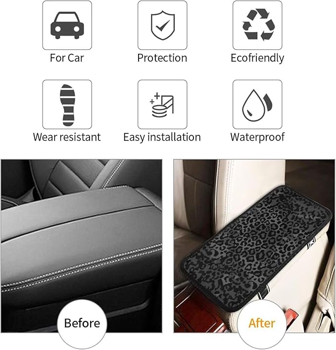 Black Leopard Armrest Cover Cheetah Animal Car Interior Accessories Anti-Scratch Armrest Lid Protector Pad Scratch Resistant Arm Rest Cover for Truck Van Sedans