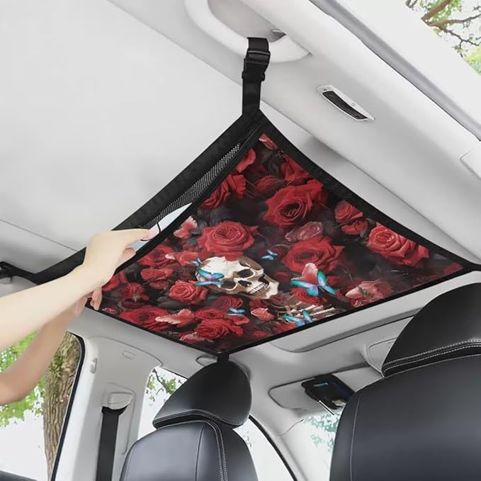 Car Roof Storage Bag Rose Skeleton Print Car Roof Seat Organizer Multi-Purpose Car Bag Storage Box Organizer Pouch Pocket One Size Car Travel Accessories Suitable for Cars, SUVs