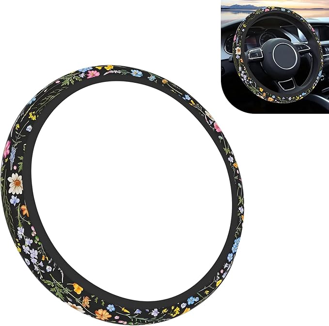 Flower Steering Wheel Cover, Cute Breathable Steer Wheel Protection Cover, Auto Non-slip Wildflowers Steering Protector, Universal for Most Cars, Trucks, SUVs (Multicolored)