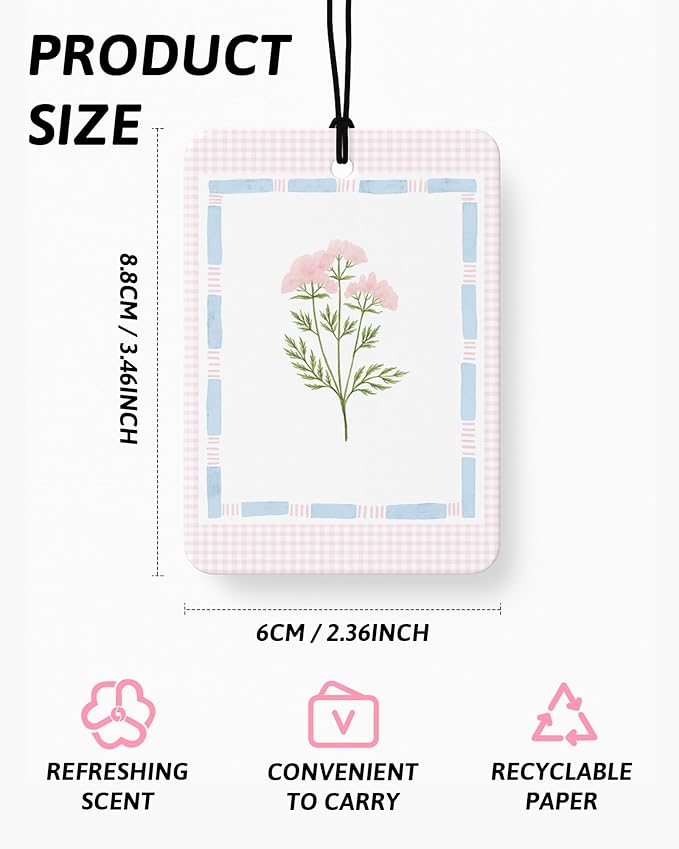 Girly Floral Car Air Freshener 4 Pcs Coconut Scented, Preppy Pink and Blue Flower Car Accessories Mirror Decor for Women, Cute Aesthetic Hanging Air Freshener for Cars Closet Drawer Books