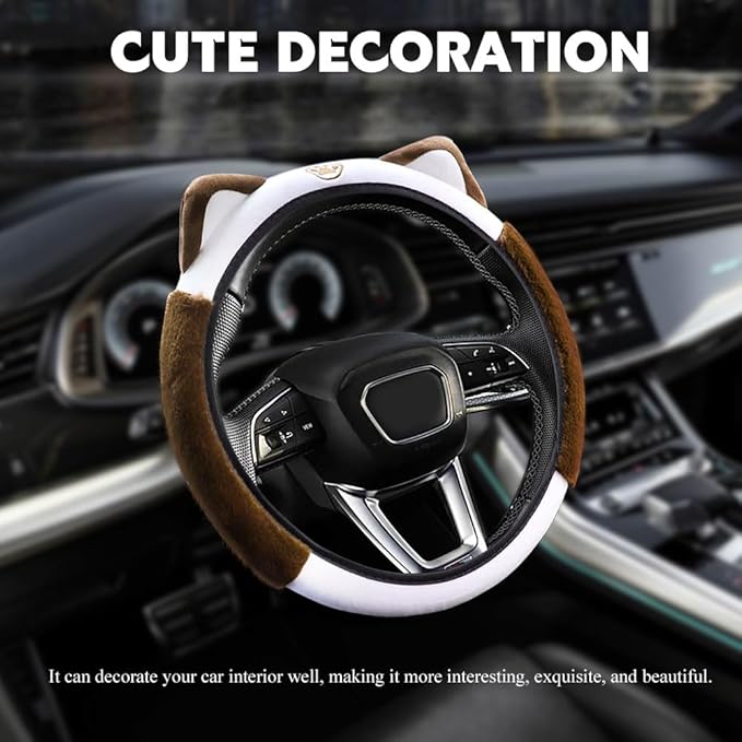 Car Steering Wheel Cover, 15 Inch Fluffy Soft Plush Auto Protector, Anti-Slip Elastic Lovely Car Cover Accessories with Kitty Cat Ears Universal for Most Cars (Fluffy-White+Brown)