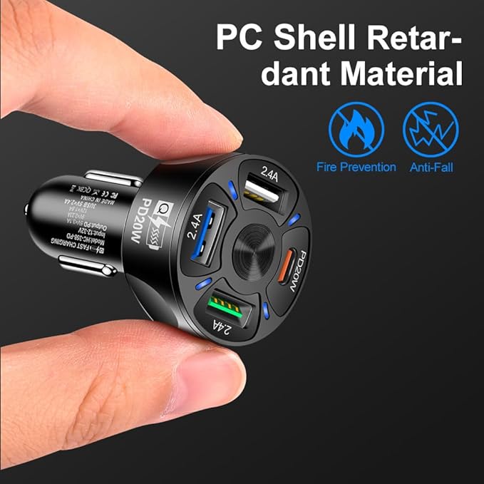 4 Port USB Fast Charging Cigarette Light Car Charger 3 * 2.4 A USB/ 1 PD20W LED Light Compatible with Tablets Cameras iPhone 14 13 12 11 Pro Max X XR XS Samsung Galaxy Series Google Pixel Android/iOS