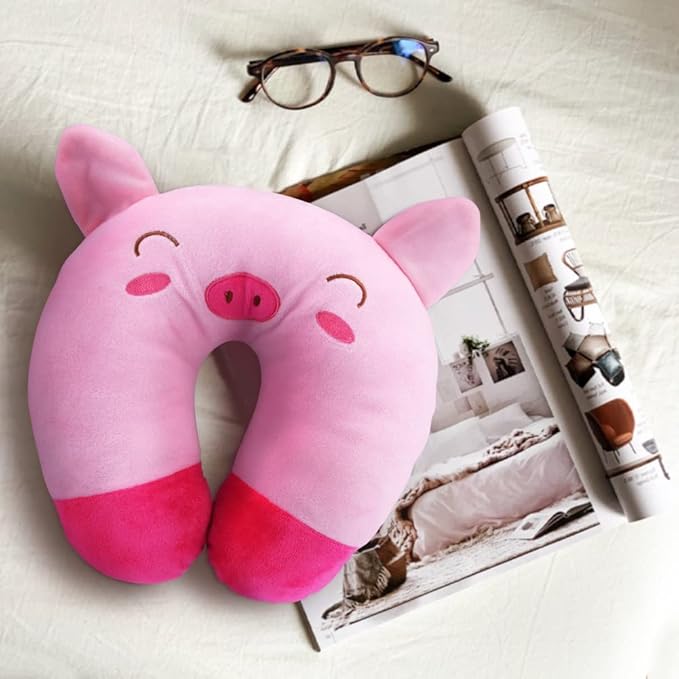 Travel Pillow for Kids, Cute Animal Neck Pillow Support U Shaped Cushion Plush Soft Rest Reading Pillows Sleeping Pillows for Airplane Train Car (Color:Pink Pig)