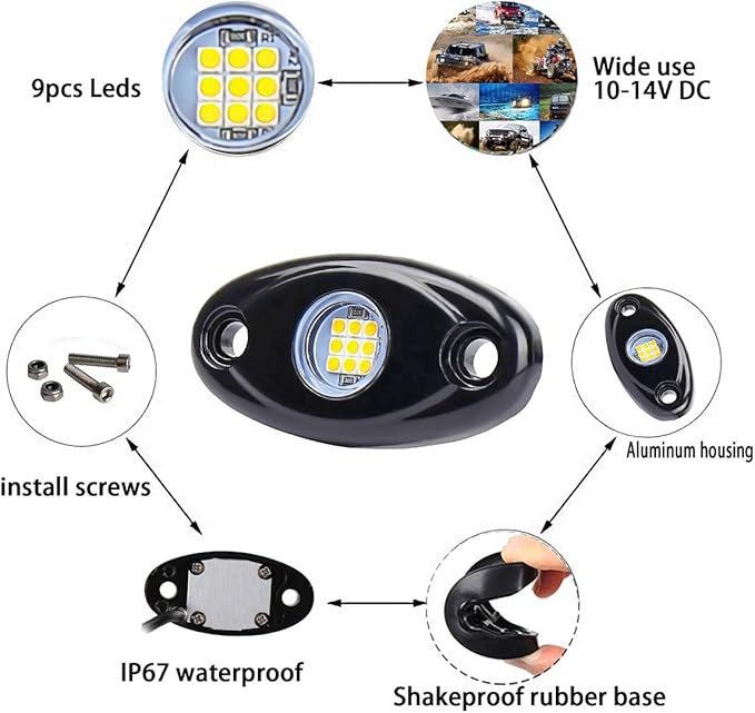 White LED Rock Lights, 4 Pods Neon 12V Waterproof Underglow Underbody Kit Crawler Crawling Dome Exterior Wheel Lights for ATV RZR UTV SUV Off-Road Auto Boat Motorcycle Glow Trail Rig Fender Lamp