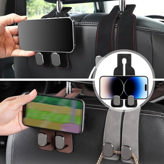 Car Seat Headrest Hooks for Purses and Bags - Premium Leather Double Hook Hanger with Metal Construction, Universal Purse Holder for Car Organization, Fits Most Vehicles (Black, 2-Pack)